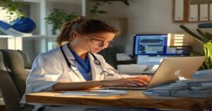 Professional medical billing and coding professional working at home office on laptop