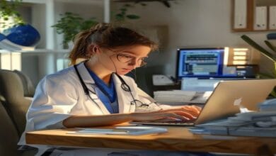 Professional medical billing and coding professional working at home office on laptop