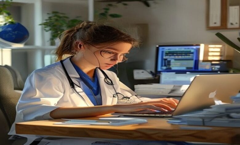 Professional medical billing and coding professional working at home office on laptop