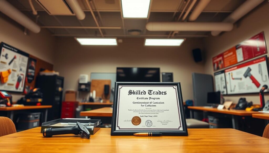 A modern, well-lit classroom interior with a skilled trades certificate program diploma prominently displayed on a wooden desk. The desk is surrounded by various tools and equipment typical of trades like plumbing, electrical work, or HVAC, neatly arranged. The walls feature informative displays and diagrams related to the certificate program's curriculum. The lighting is warm and natural, creating a professional yet inviting atmosphere. The camera angle is slightly elevated, giving a sense of authority and accomplishment to the scene.