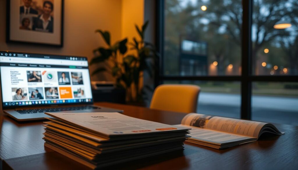 A tranquil office setting, dimly lit with warm ambient lighting, showcases a wooden desk adorned with a variety of certificate program options. In the foreground, a stack of neatly organized brochures and pamphlets invites the viewer to explore different certification paths. The middle ground features a laptop displaying a website with details on various certificate programs, while a large window in the background offers a serene view of a tree-lined street. The overall atmosphere evokes a sense of contemplation and informed decision-making, guiding the viewer towards selecting the right certificate program for their personal and professional development.