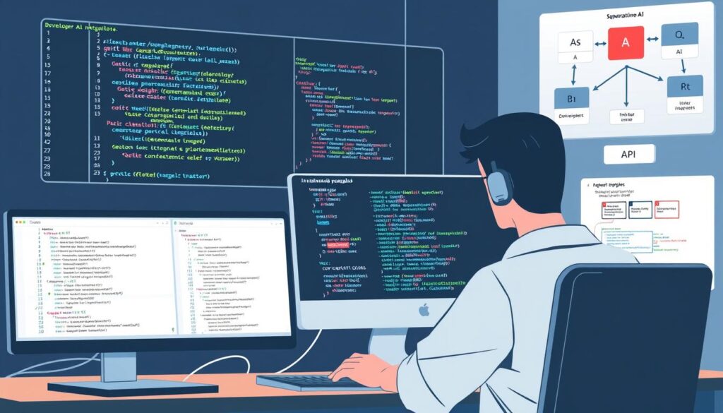 Developer implementing Generative AI Language Models with code and integration examples Developer implementing Generative AI Language Models with code and integration examples