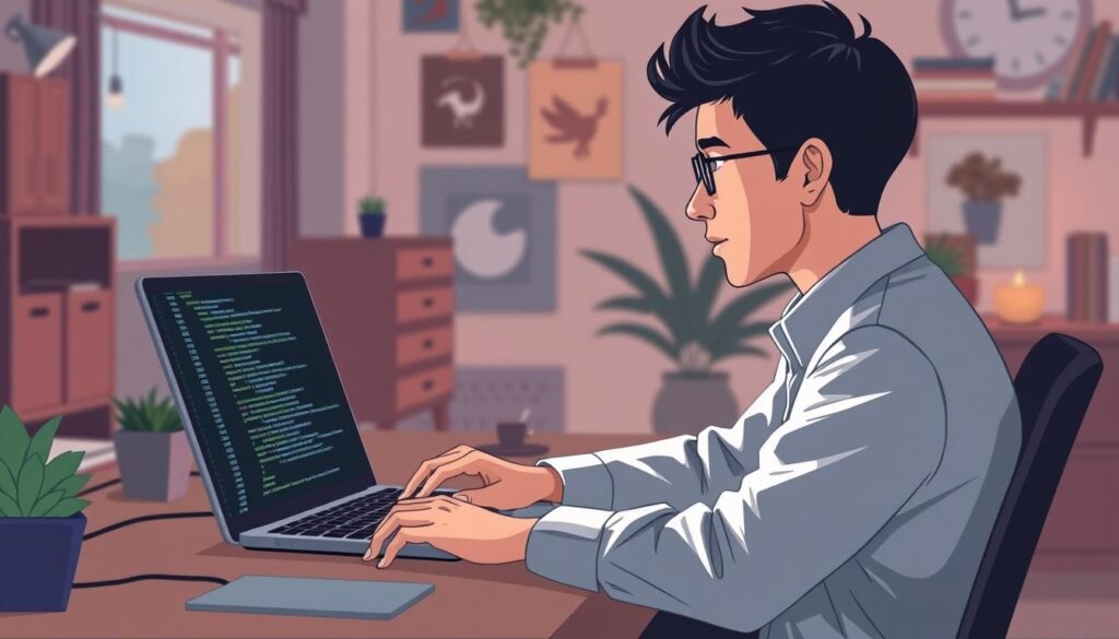 Image of a person working on a laptop with code on the screen