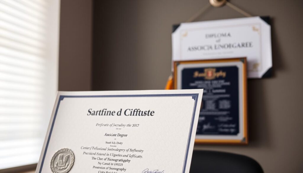 A sonography certificate and an associate degree in sonography, side by side, illuminated by soft, natural lighting. The certificate is in the foreground, its crisp edges and embossed seal suggesting its formal academic credentials. The degree hangs behind it, its diploma and transcripts conveying a more comprehensive, in-depth educational journey. The background is a muted, professional office setting, lending an air of authority and expertise to the comparison. The overall composition evokes a thoughtful, evaluative mood, inviting the viewer to consider the nuances between these two paths to a career in sonography.