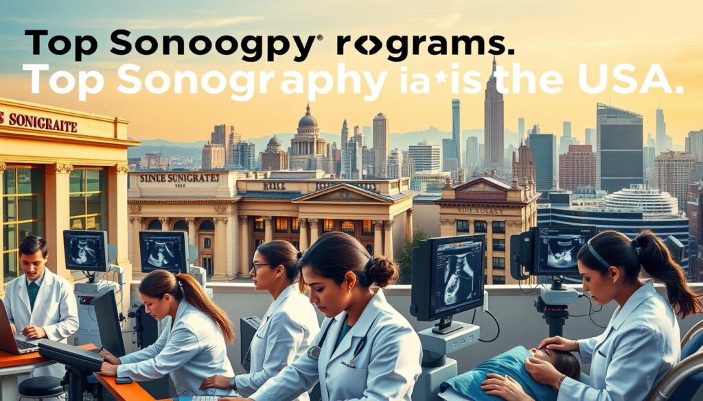 A vibrant, panoramic image showcasing the top sonography programs in the USA. In the foreground, a group of students in white coats, conducting diagnostic ultrasound scans on patients, their faces focused and determined. In the middle ground, the facades of renowned medical institutions, their signage and architectural details reflecting the prestige of their sonography offerings. The background depicts a cityscape, with skyscrapers and landmarks that evoke the diverse urban centers where these renowned programs are located. The lighting is soft and natural, highlighting the clinical setting while maintaining a sense of warmth and professionalism. The composition is balanced, drawing the viewer's eye seamlessly through the various layers of the image, conveying the excellence and prominence of these top-tier sonography programs.