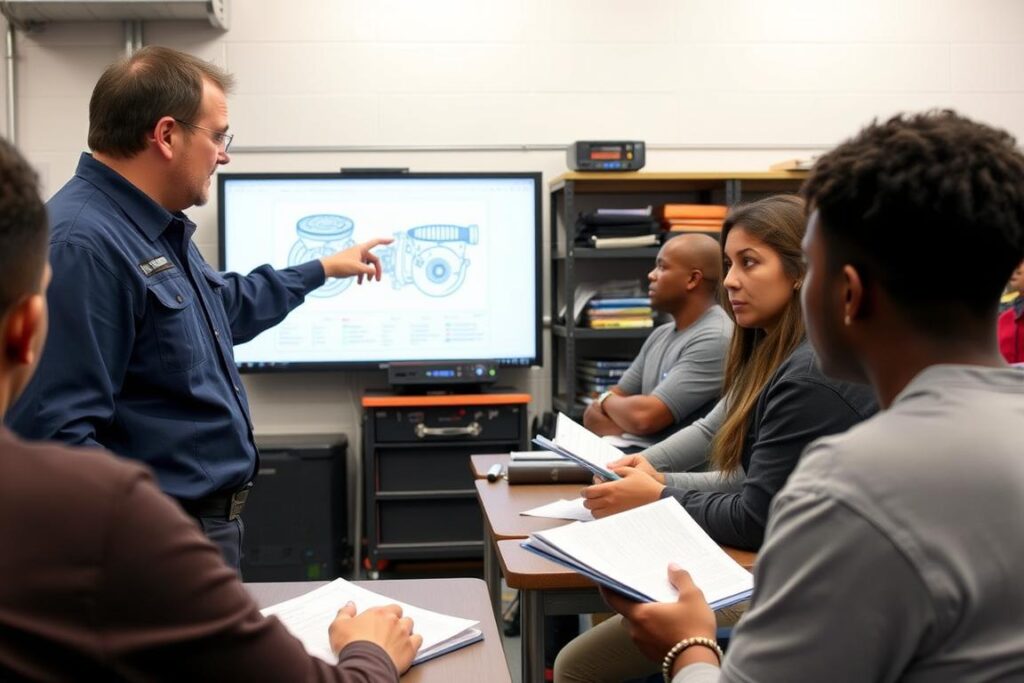 Automotive mechanic instructor answering student questions about certification programs in New York City