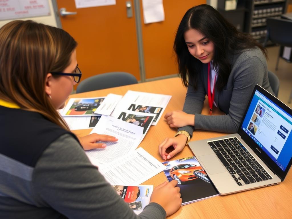 Student completing enrollment application for an automotive mechanic certification program in New York City