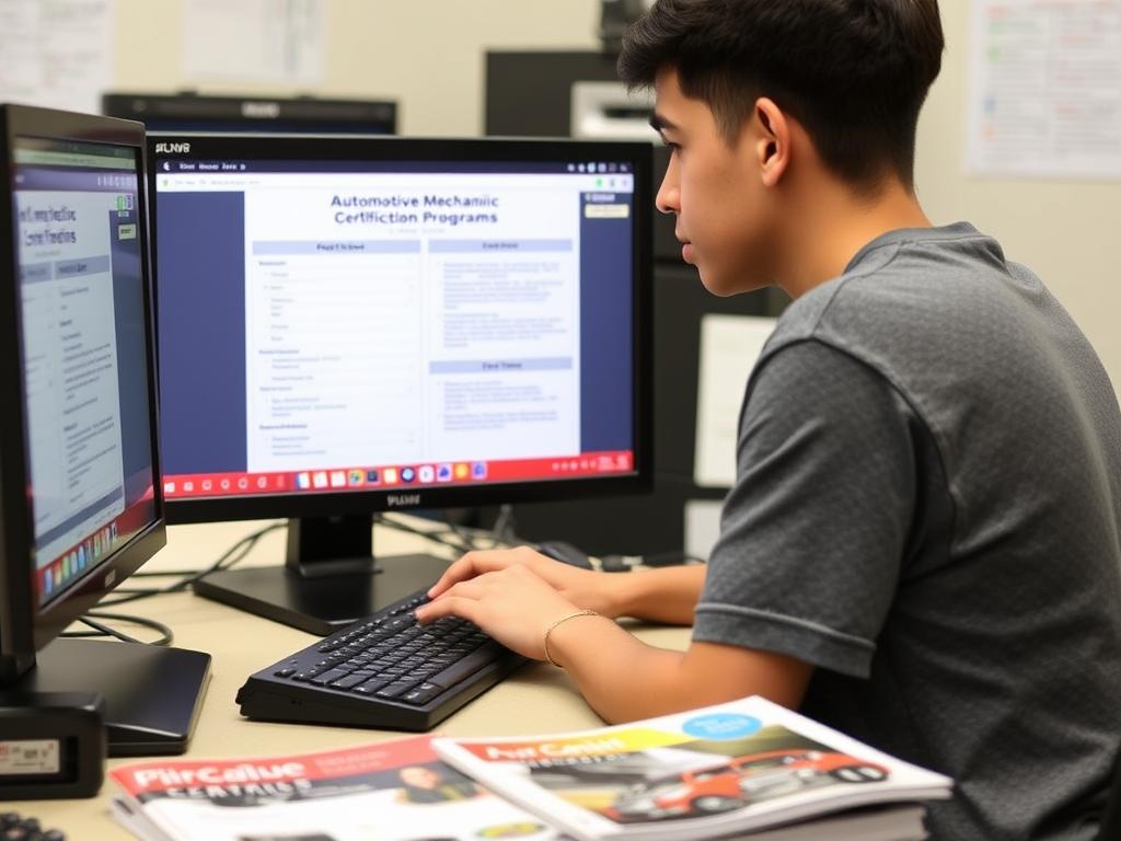 Student reviewing automotive mechanic certification program requirements in New York City
