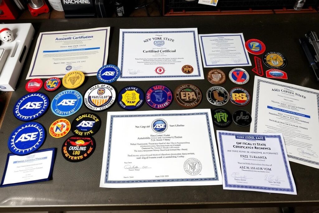 Various automotive mechanic certification badges and certificates for New York City programs
