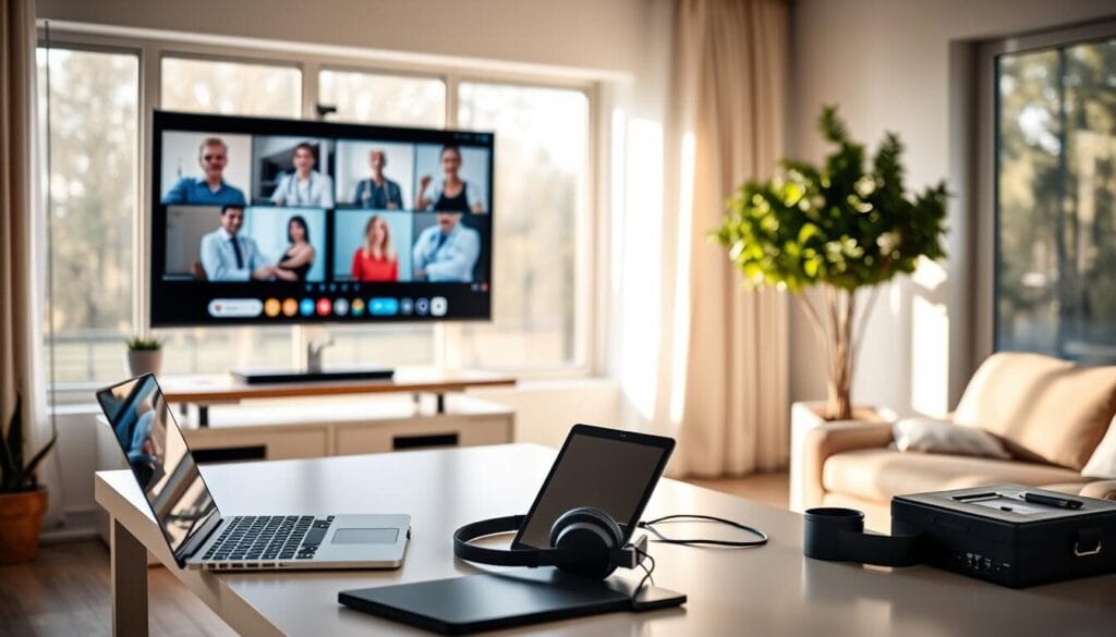 A serene, well-lit home office with a laptop, tablet, and headphones on a clean, modern desk. In the background, a large monitor displays a video conference call with medical professionals, showcasing the online delivery of a sonography certification program. Warm, natural lighting filters through large windows, creating a sense of comfort and productivity. The overall atmosphere conveys the flexibility and accessibility of pursuing a sonography education remotely, connecting students with expert instructors and clinical resources.