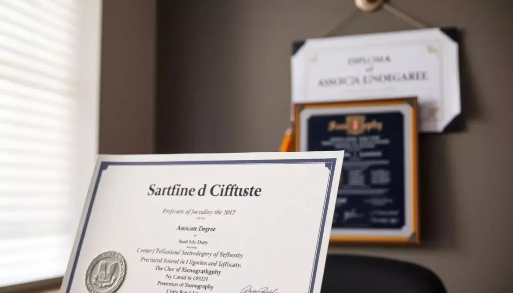 A sonography certificate and an associate degree in sonography, side by side, illuminated by soft, natural lighting. The certificate is in the foreground, its crisp edges and embossed seal suggesting its formal academic credentials. The degree hangs behind it, its diploma and transcripts conveying a more comprehensive, in-depth educational journey. The background is a muted, professional office setting, lending an air of authority and expertise to the comparison. The overall composition evokes a thoughtful, evaluative mood, inviting the viewer to consider the nuances between these two paths to a career in sonography.