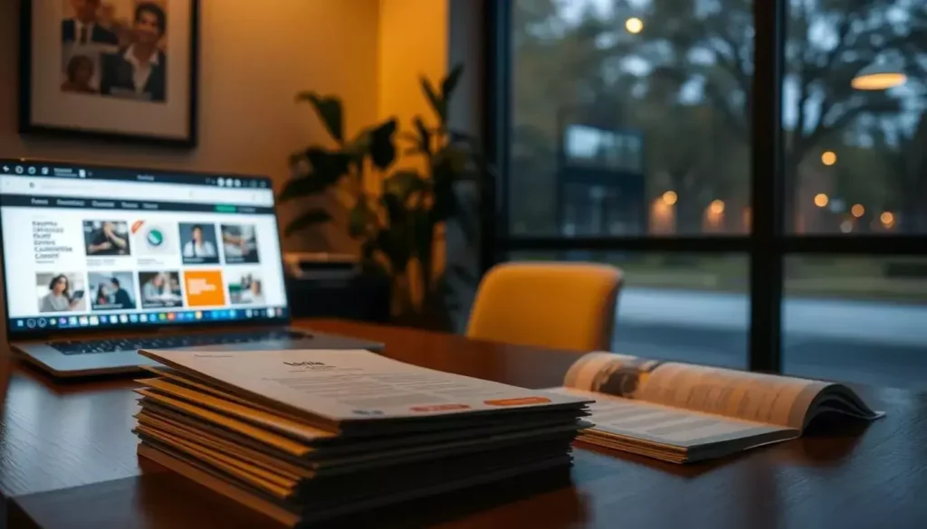 A tranquil office setting, dimly lit with warm ambient lighting, showcases a wooden desk adorned with a variety of certificate program options. In the foreground, a stack of neatly organized brochures and pamphlets invites the viewer to explore different certification paths. The middle ground features a laptop displaying a website with details on various certificate programs, while a large window in the background offers a serene view of a tree-lined street. The overall atmosphere evokes a sense of contemplation and informed decision-making, guiding the viewer towards selecting the right certificate program for their personal and professional development.