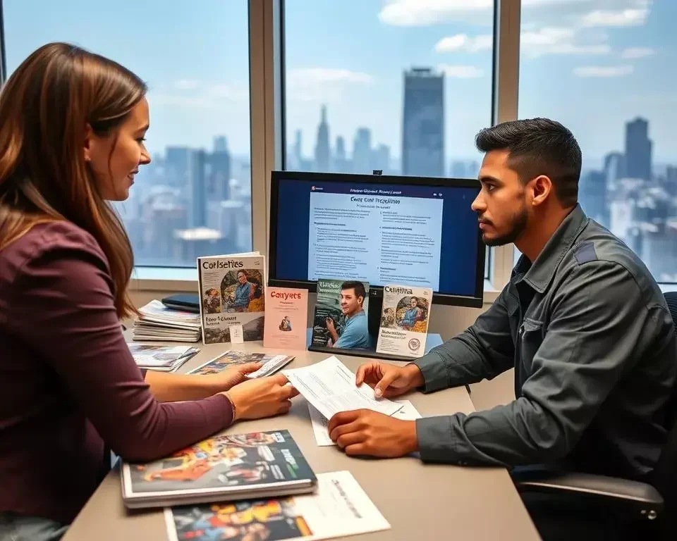 Career counselor helping student choose the right automotive mechanic certification program in New York City