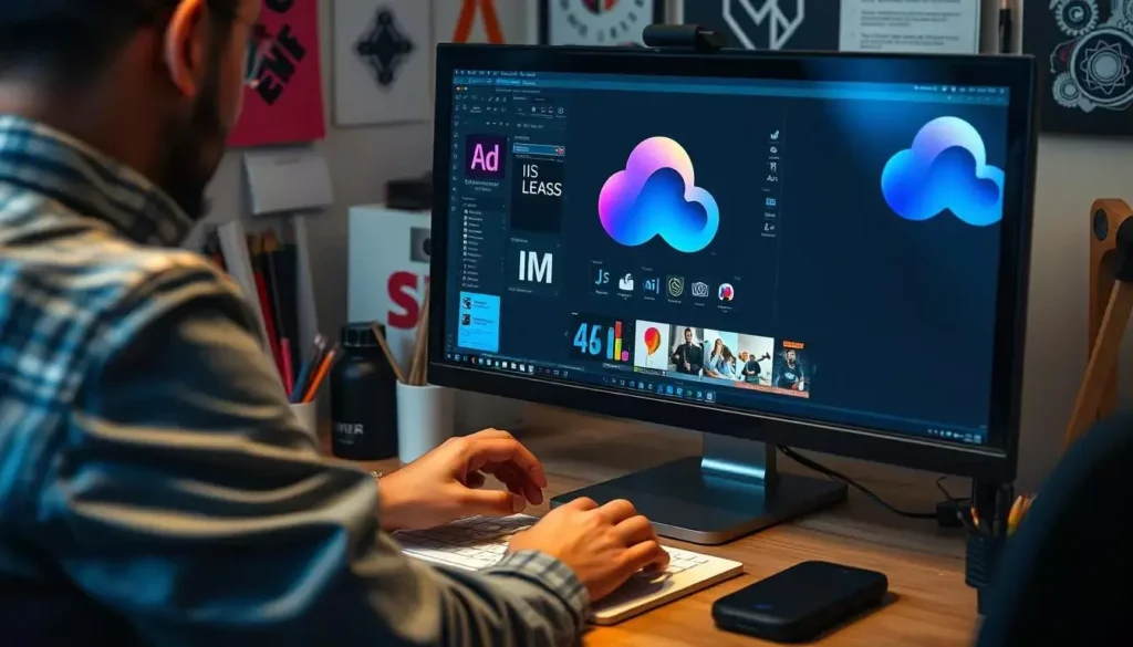 Generate an image of a person working on a graphic design project on a computer, with Adobe Creative Cloud software open on the screen.