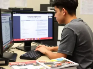 Student reviewing automotive mechanic certification program requirements in New York City