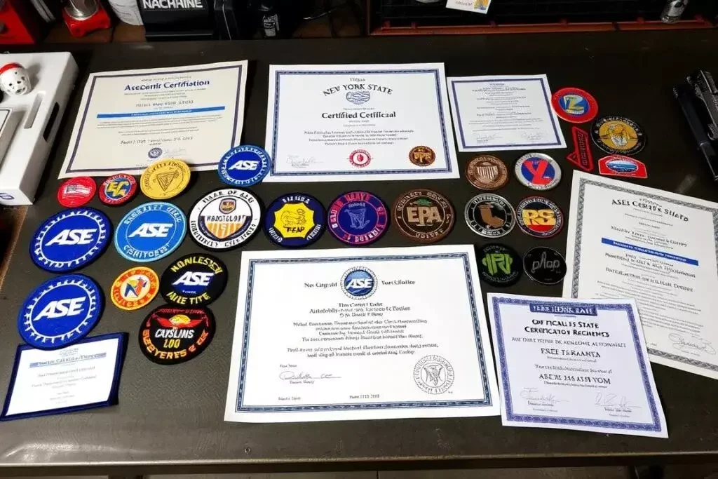 Various automotive mechanic certification badges and certificates for New York City programs