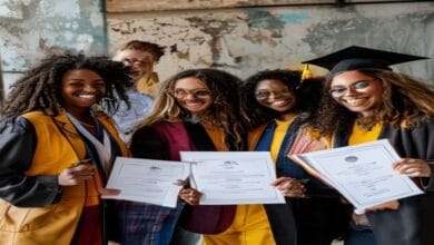 Diverse young professionals celebrating graduation with certificates