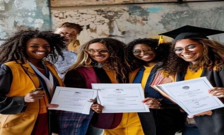 Diverse young professionals celebrating graduation with certificates