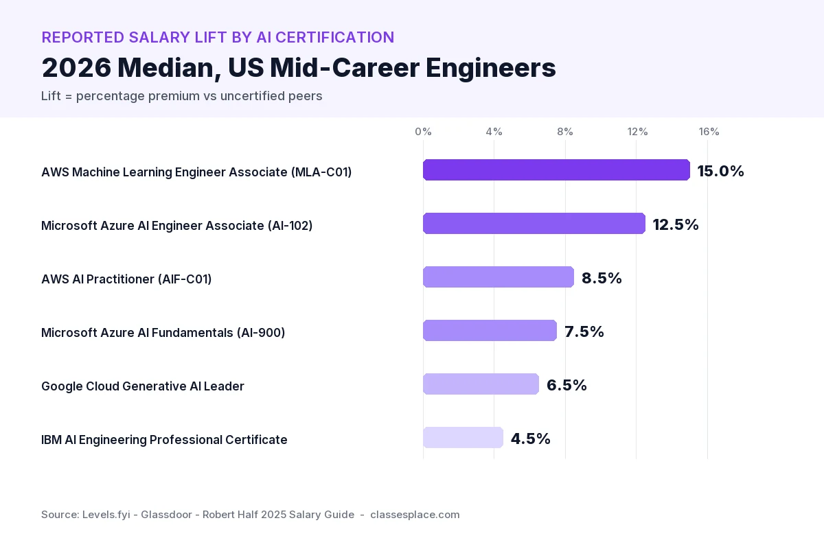 Bar chart comparing salary lift from AWS, Azure, Google, and IBM AI certifications in 2026