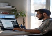 Modern professional working on AI prompt engineering with laptop and code editor