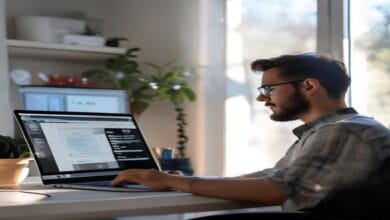 Modern professional working on AI prompt engineering with laptop and code editor