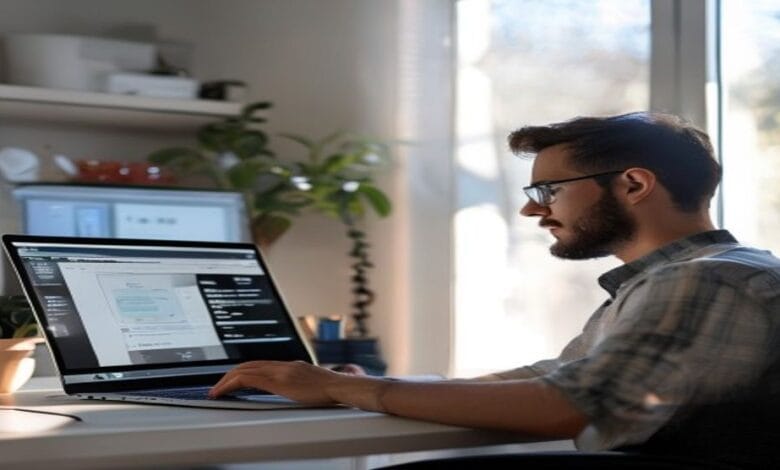 Modern professional working on AI prompt engineering with laptop and code editor
