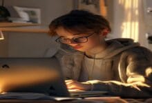 Student studying online AI course on laptop in cozy home office