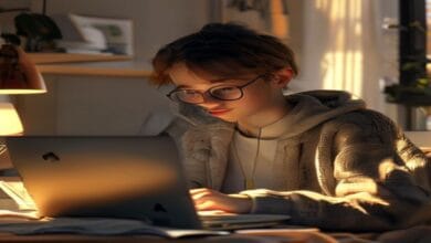 Student studying online AI course on laptop in cozy home office
