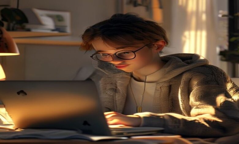 Student studying online AI course on laptop in cozy home office