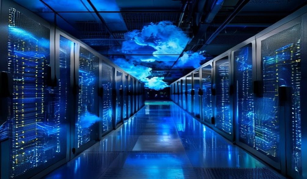 Modern data center with cloud computing servers and blue glow visualization